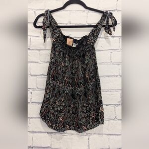 Smocked Black Floral Tie-Shoulder Tank Top